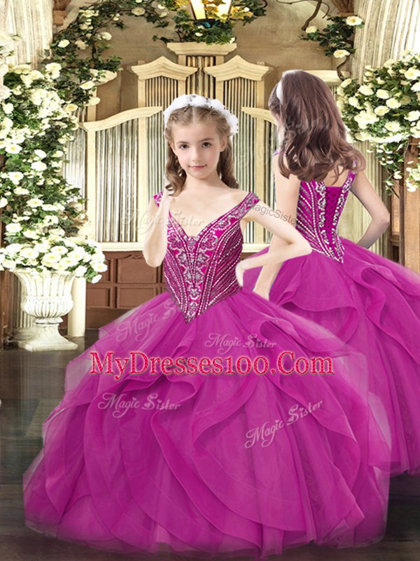 Ball Gowns Quinceanera Dress Fuchsia Straps Organza Sleeveless Floor Length Lace Up