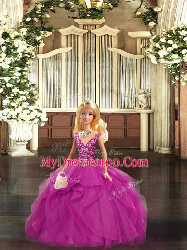 Ball Gowns Quinceanera Dress Fuchsia Straps Organza Sleeveless Floor Length Lace Up