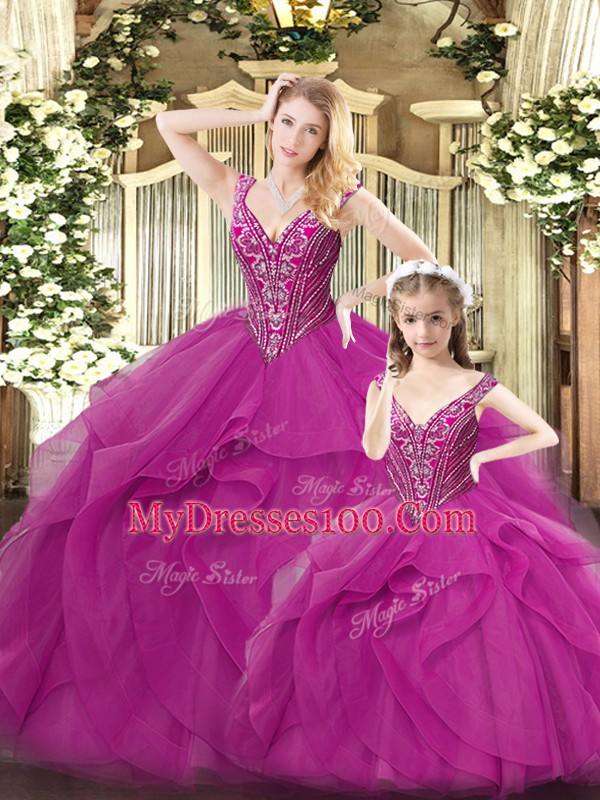 Ball Gowns Quinceanera Dress Fuchsia Straps Organza Sleeveless Floor Length Lace Up