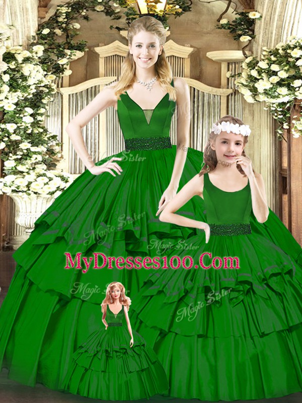 Green V-neck Neckline Beading and Ruffled Layers Sweet 16 Dresses Sleeveless Zipper