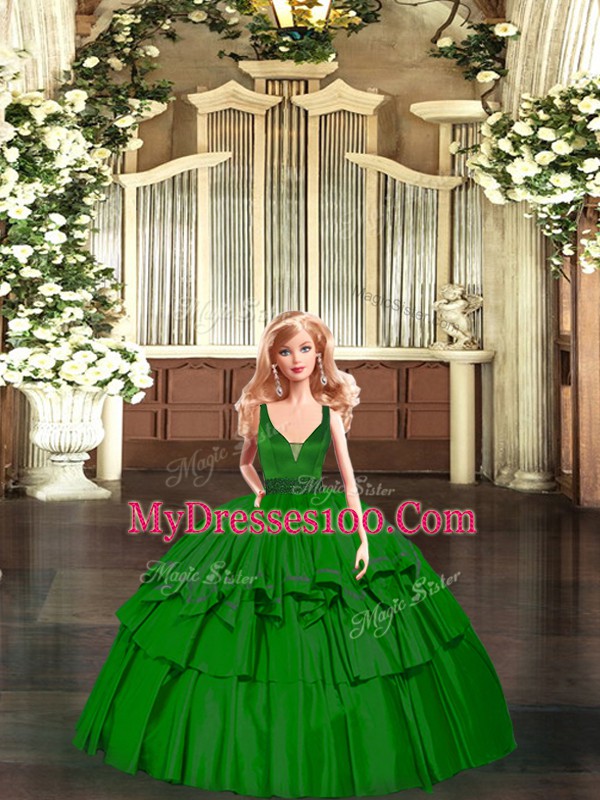 Green V-neck Neckline Beading and Ruffled Layers Sweet 16 Dresses Sleeveless Zipper