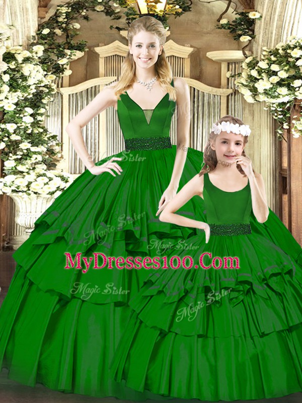Green V-neck Neckline Beading and Ruffled Layers Sweet 16 Dresses Sleeveless Zipper