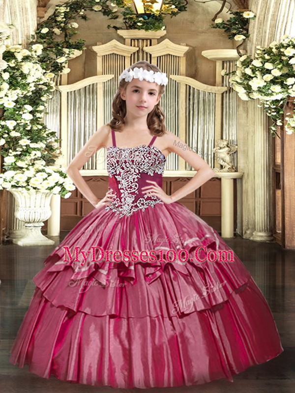 Popular Ball Gowns Little Girl Pageant Gowns Hot Pink Straps Organza Sleeveless Floor Length Lace Up