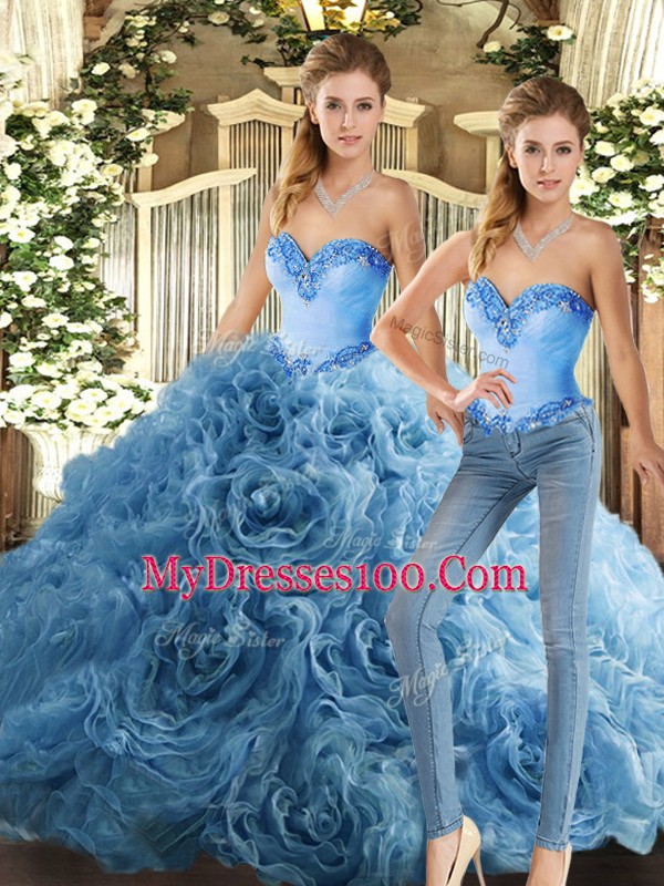 Two Pieces 15 Quinceanera Dress Baby Blue Sweetheart Fabric With Rolling Flowers Sleeveless Floor Length Lace Up