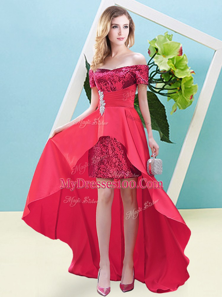 Coral Red Lace Up Off The Shoulder Beading Evening Dress Elastic Woven Satin and Sequined Long Sleeves