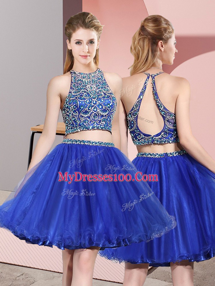 Custom Fit Royal Blue Sleeveless Tulle Backless Bridesmaid Gown for Prom and Party and Wedding Party