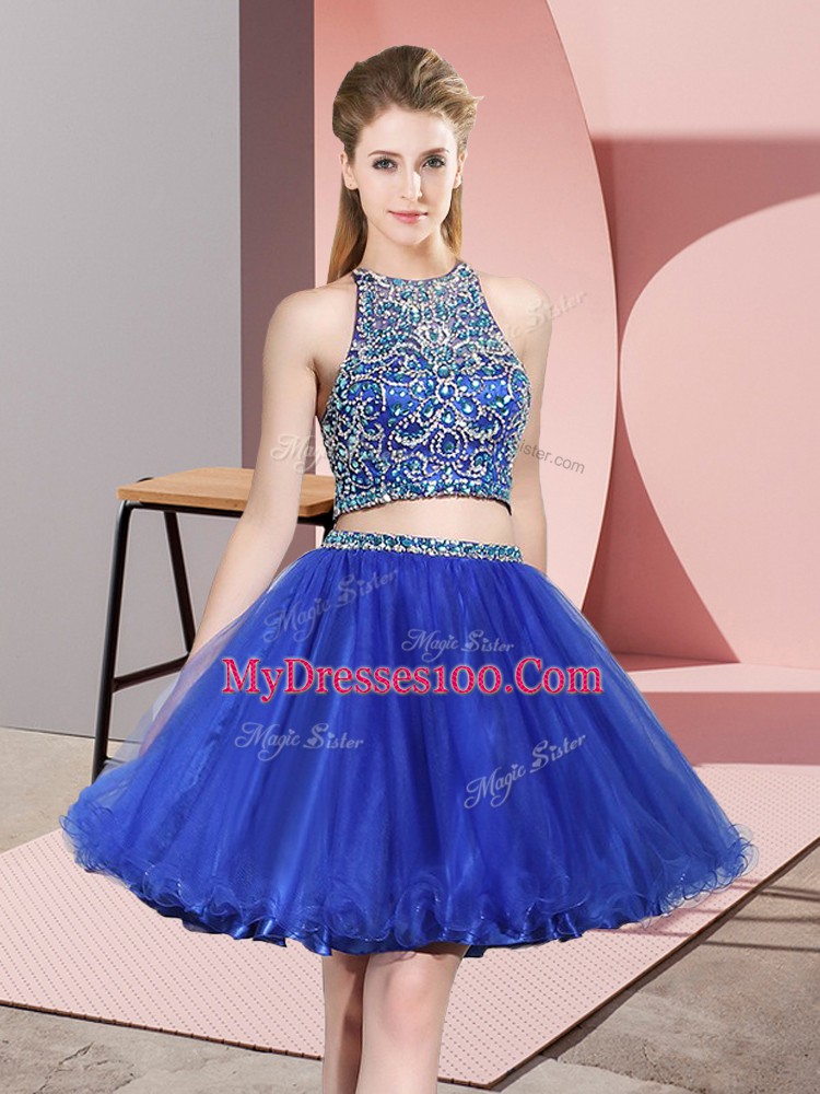 Custom Fit Royal Blue Sleeveless Tulle Backless Bridesmaid Gown for Prom and Party and Wedding Party