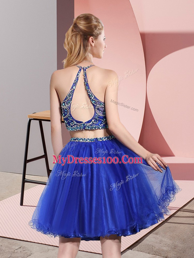 Custom Fit Royal Blue Sleeveless Tulle Backless Bridesmaid Gown for Prom and Party and Wedding Party