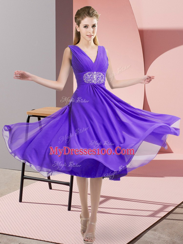 Chiffon V-neck Sleeveless Side Zipper Beading Vestidos de Damas in Lavender