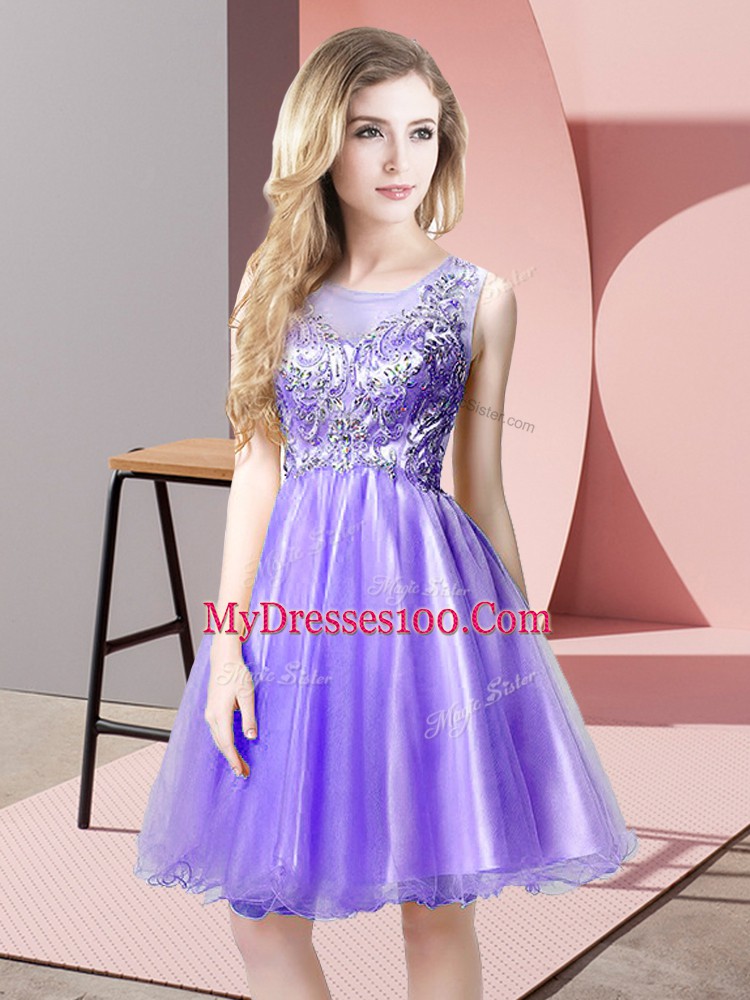 Classical Lavender Sleeveless Beading Knee Length Prom Gown