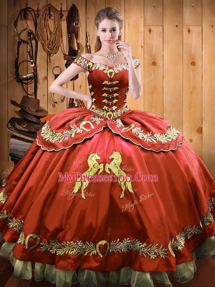 Sweet Off The Shoulder Sleeveless Satin and Organza Quinceanera Dresses Beading and Embroidery Lace Up