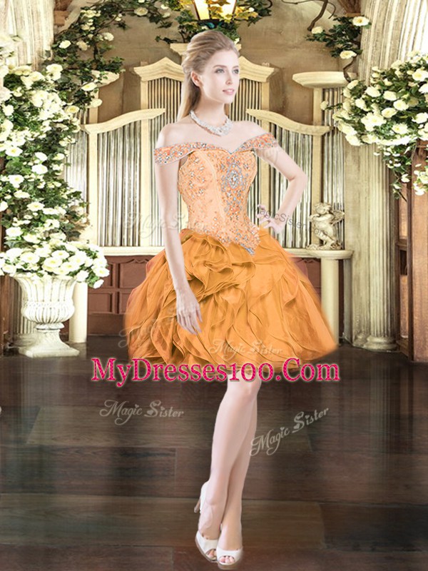 Modest Orange Red Sleeveless Beading and Ruffles Mini Length Party Dress for Girls