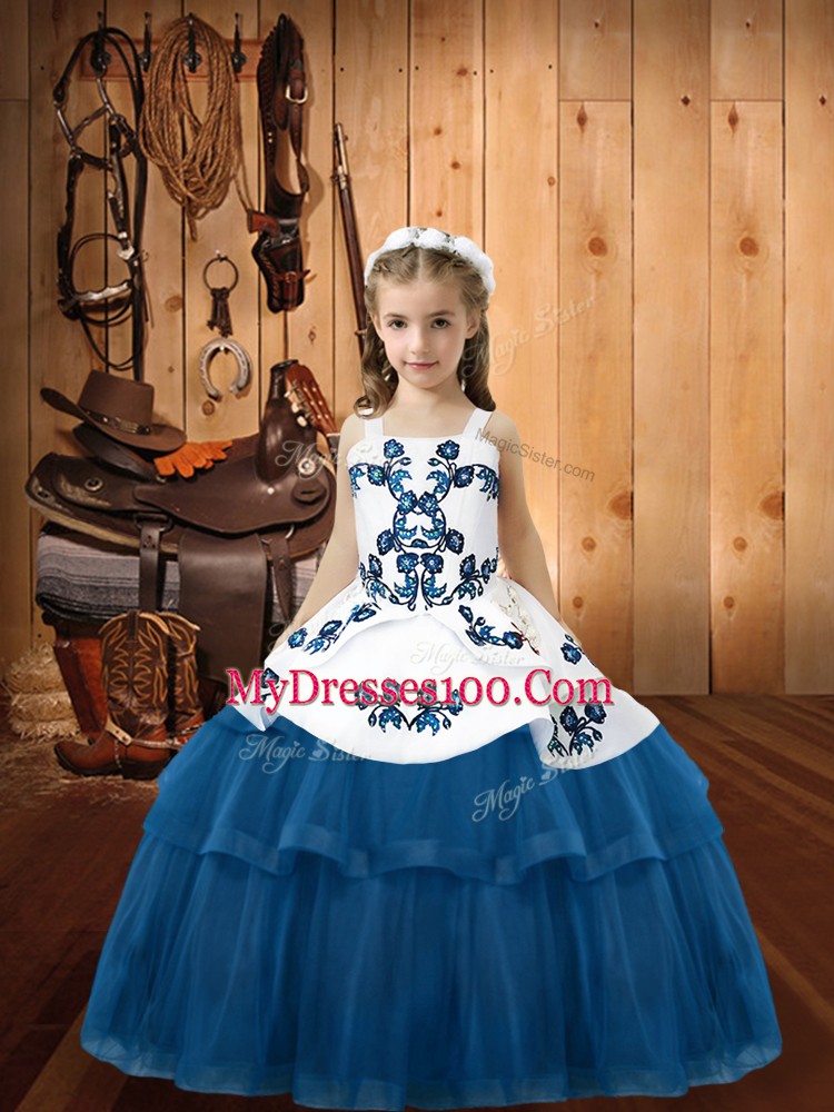 Superior Ball Gowns Kids Formal Wear Blue Straps Tulle Sleeveless Floor Length Lace Up