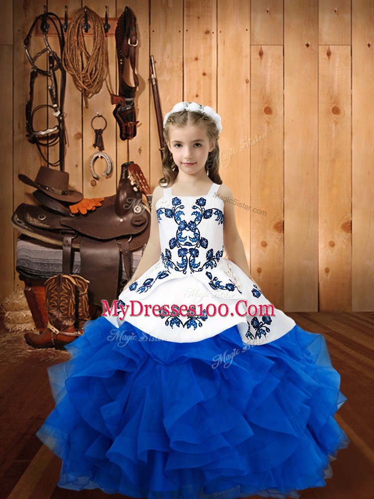 Custom Designed Blue Ball Gowns Straps Sleeveless Organza Floor Length Lace Up Embroidery and Ruffles Little Girls Pageant Gowns