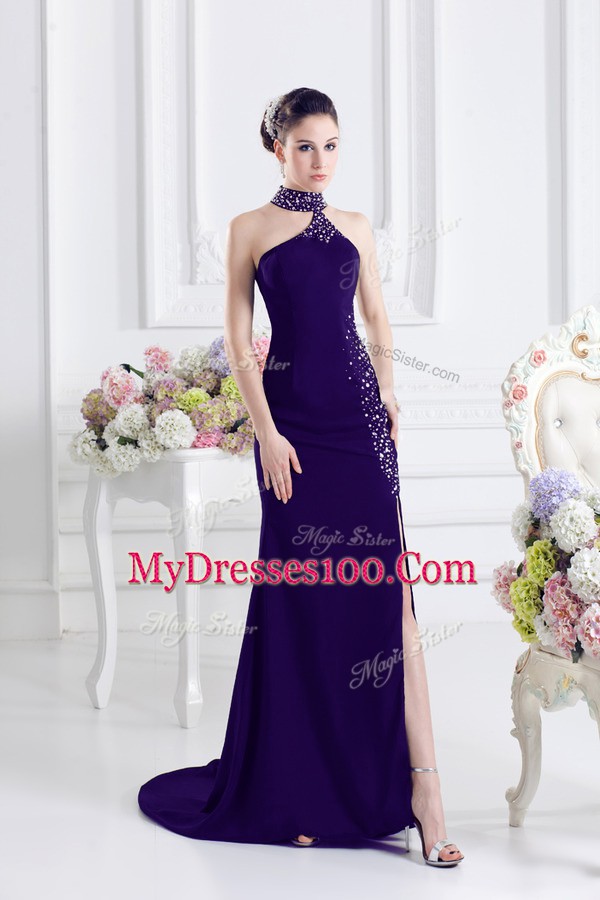 Captivating Elastic Woven Satin Halter Top Sleeveless Sweep Train Lace Up Beading Prom Party Dress in Purple