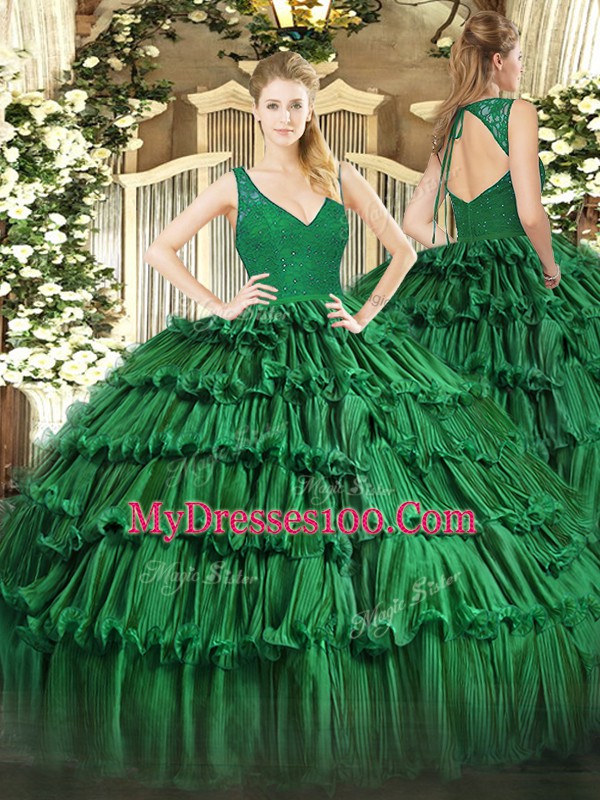 Sleeveless Organza Floor Length Backless Ball Gown Prom Dress in Dark Green with Beading and Lace and Ruffled Layers