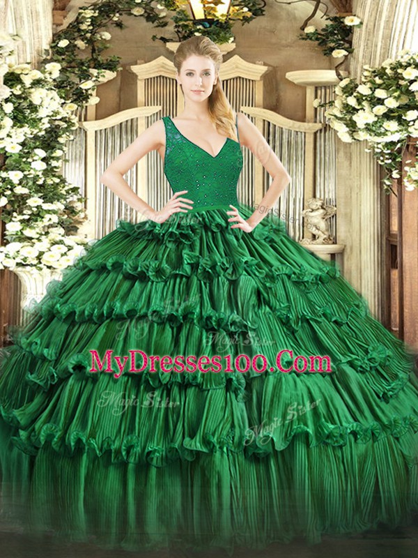 Sleeveless Organza Floor Length Backless Ball Gown Prom Dress in Dark Green with Beading and Lace and Ruffled Layers