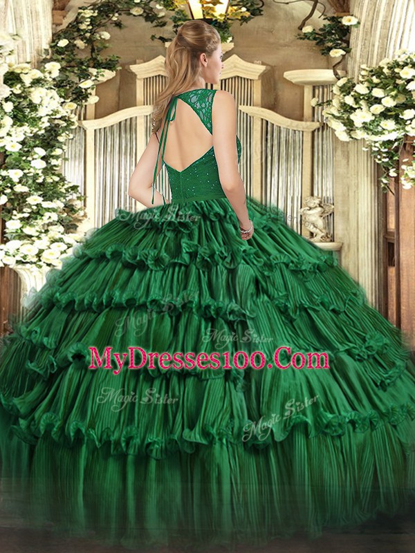 Sleeveless Organza Floor Length Backless Ball Gown Prom Dress in Dark Green with Beading and Lace and Ruffled Layers
