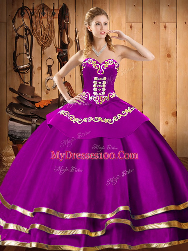 Fashion Embroidery Quinceanera Gowns Fuchsia Lace Up Sleeveless Floor Length