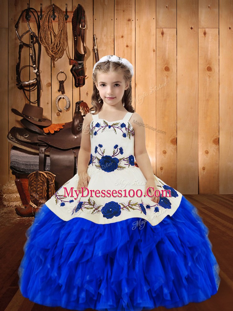 Royal Blue Ball Gowns Embroidery and Ruffles Kids Formal Wear Lace Up Organza Sleeveless Floor Length