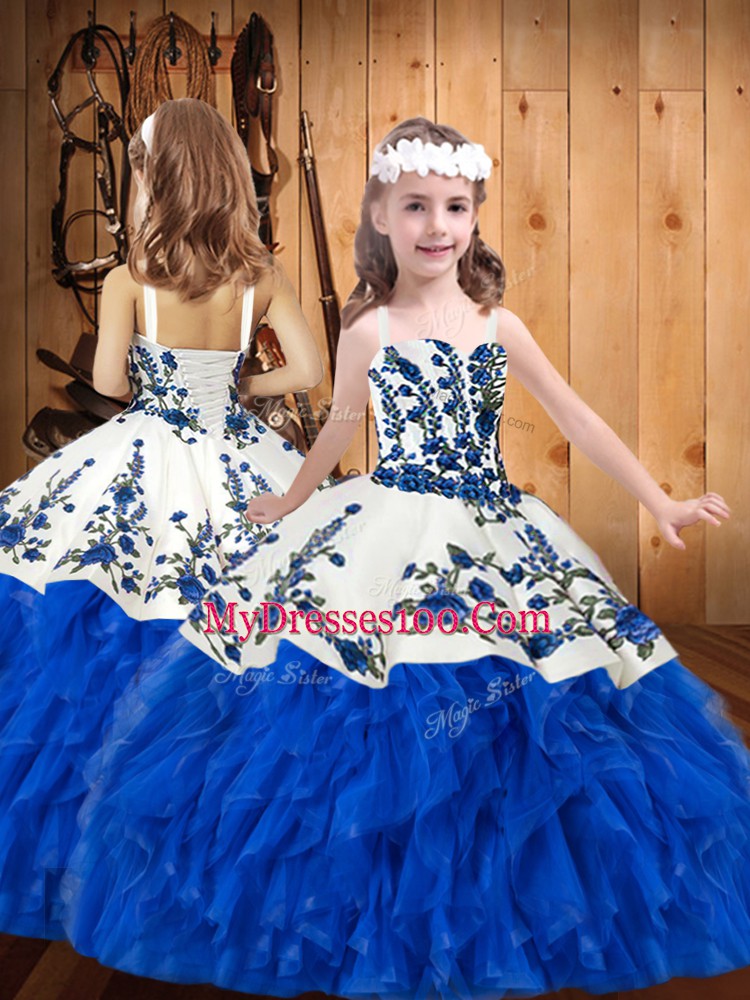 Floor Length Ball Gowns Sleeveless Blue And White Kids Pageant Dress Lace Up