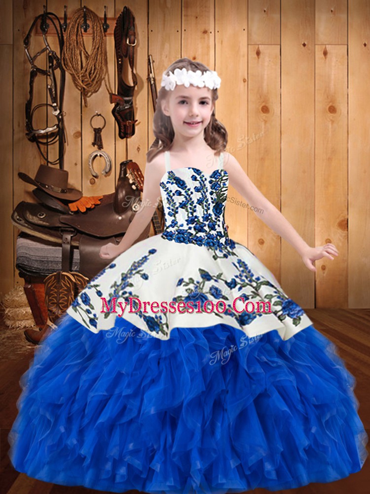 Floor Length Ball Gowns Sleeveless Blue And White Kids Pageant Dress Lace Up