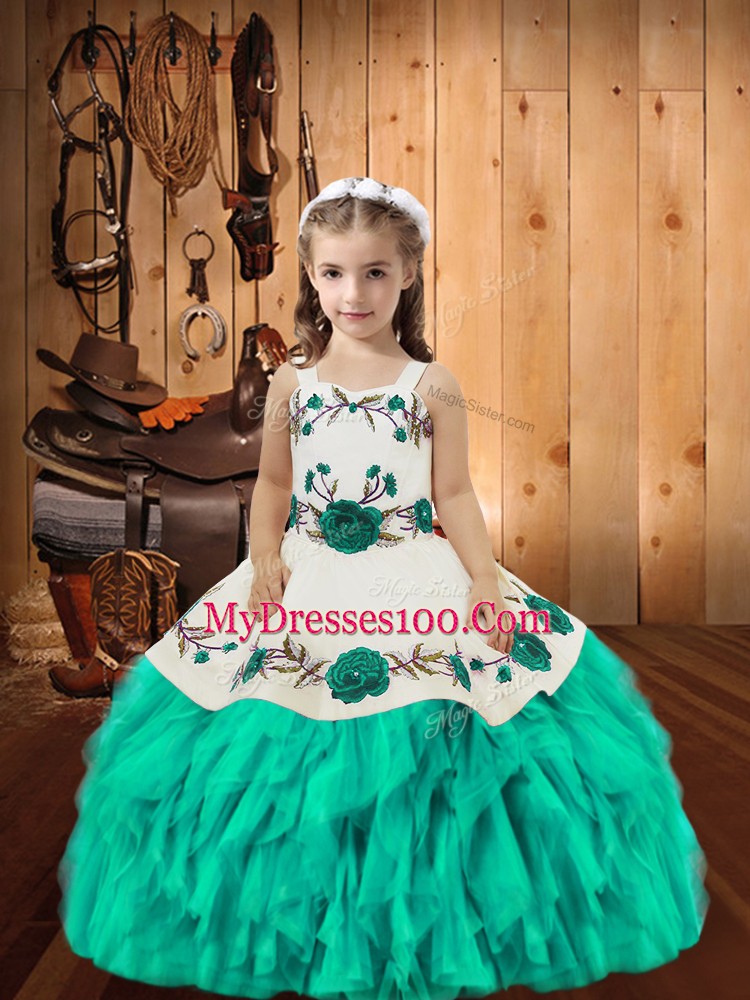 Aqua Blue Organza Lace Up Straps Sleeveless Floor Length Pageant Dress Embroidery and Ruffles