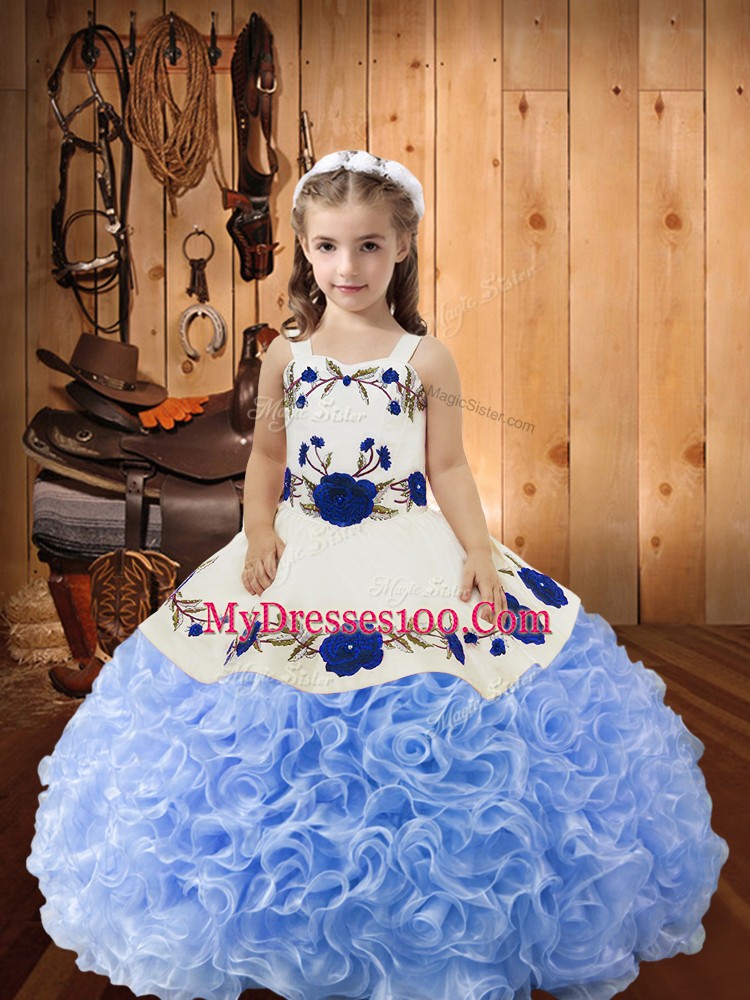 Lavender Lace Up Little Girls Pageant Gowns Embroidery and Ruffles Sleeveless Floor Length