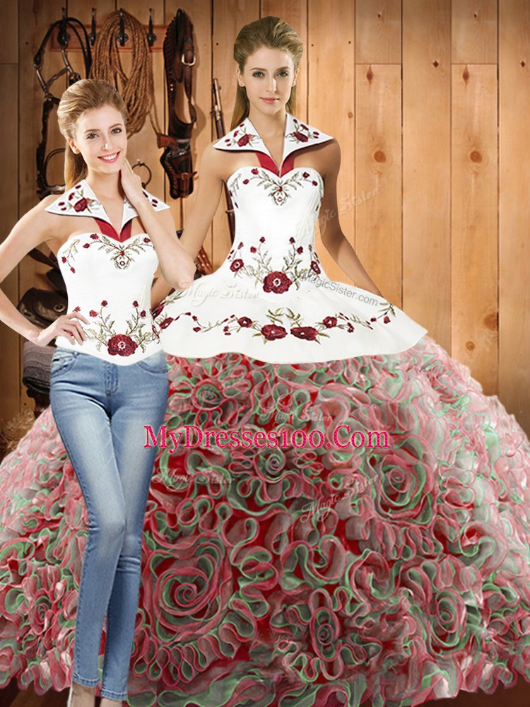 Multi-color Sleeveless Fabric With Rolling Flowers Sweep Train Lace Up Quinceanera Gown for Military Ball and Sweet 16 and Quinceanera