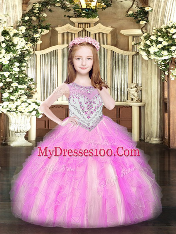Excellent Floor Length Lilac Kids Pageant Dress Scoop Sleeveless Zipper