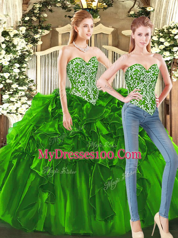 Dark Green Lace Up Quince Ball Gowns Beading and Ruffles Sleeveless Floor Length