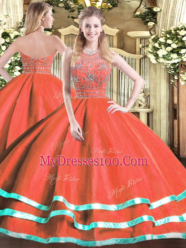 Admirable Ball Gowns 15 Quinceanera Dress Red Halter Top Tulle Sleeveless Floor Length Zipper