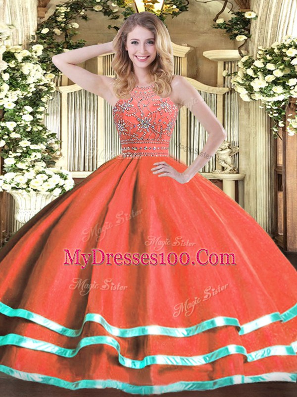 Admirable Ball Gowns 15 Quinceanera Dress Red Halter Top Tulle Sleeveless Floor Length Zipper