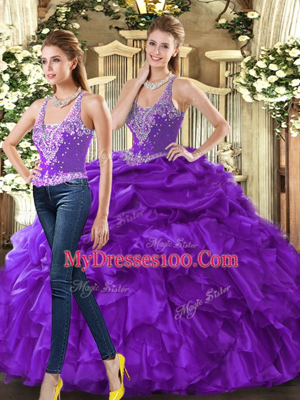 Gorgeous Sleeveless Floor Length Beading and Ruffles Lace Up Sweet 16 Dresses with Eggplant Purple