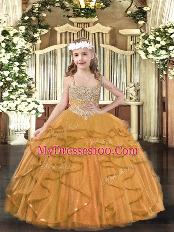 Sleeveless Lace Up Floor Length Beading and Ruffles Little Girls Pageant Gowns