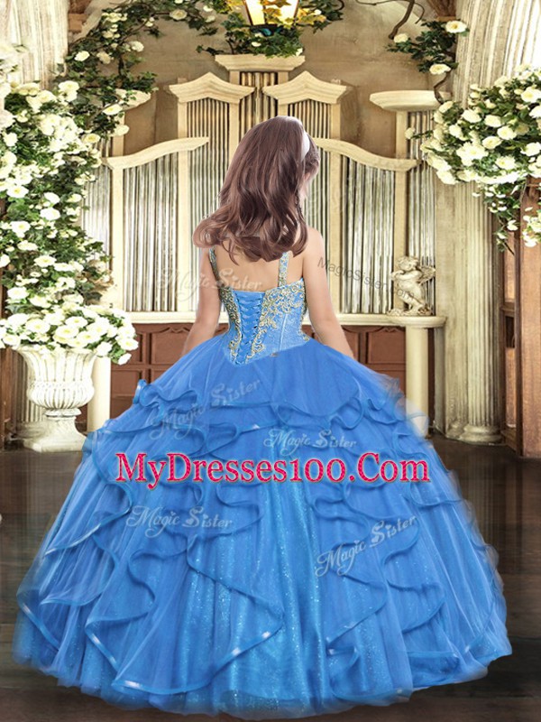 Sleeveless Lace Up Floor Length Beading and Ruffles Little Girls Pageant Gowns