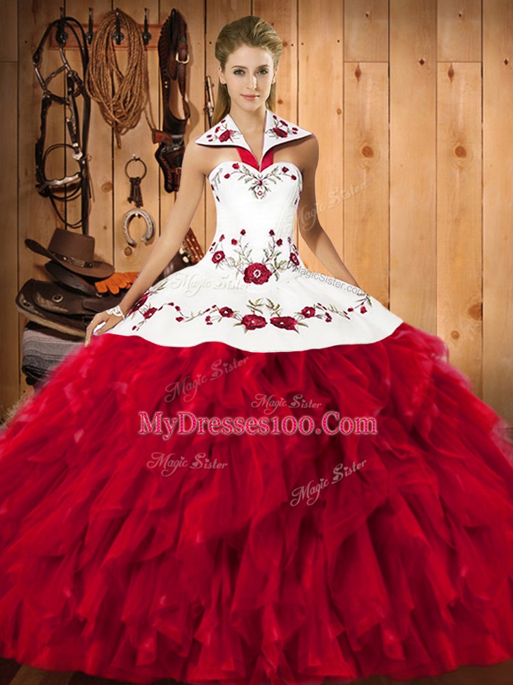 Chic Halter Top Sleeveless 15 Quinceanera Dress Floor Length Embroidery and Ruffles Red Satin and Organza