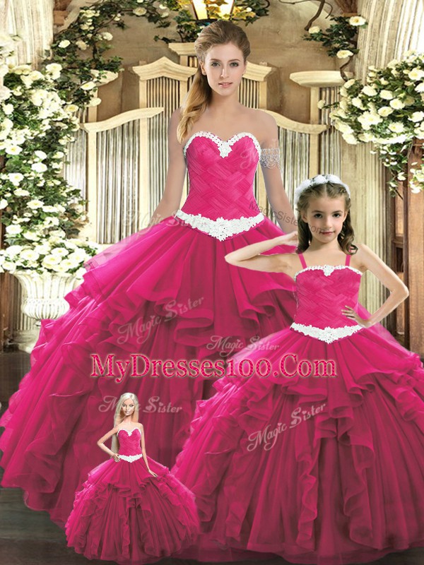 Inexpensive Sleeveless Floor Length Ruffles Lace Up 15 Quinceanera Dress with Red