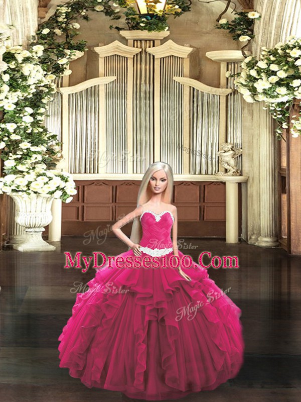 Inexpensive Sleeveless Floor Length Ruffles Lace Up 15 Quinceanera Dress with Red