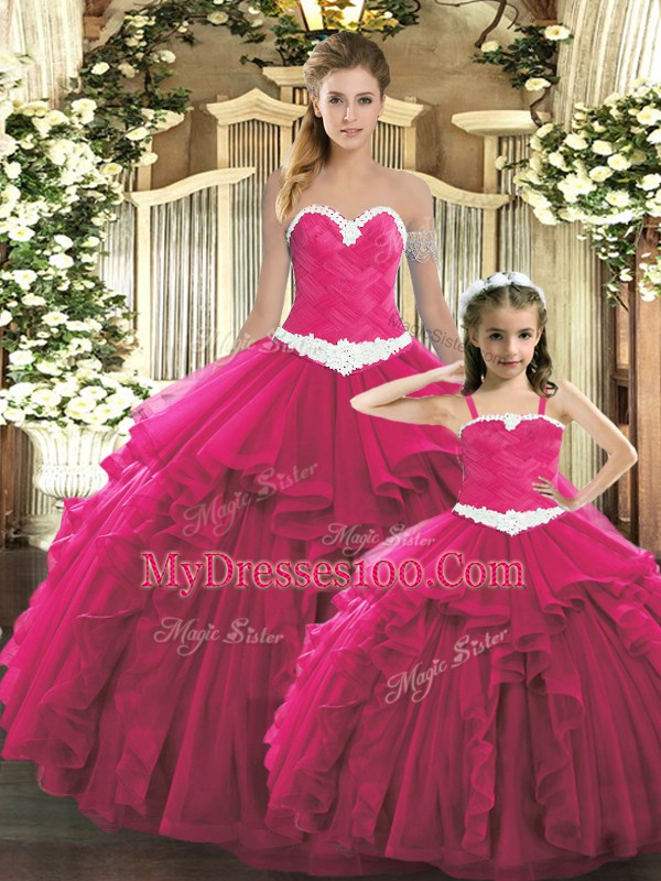 Inexpensive Sleeveless Floor Length Ruffles Lace Up 15 Quinceanera Dress with Red