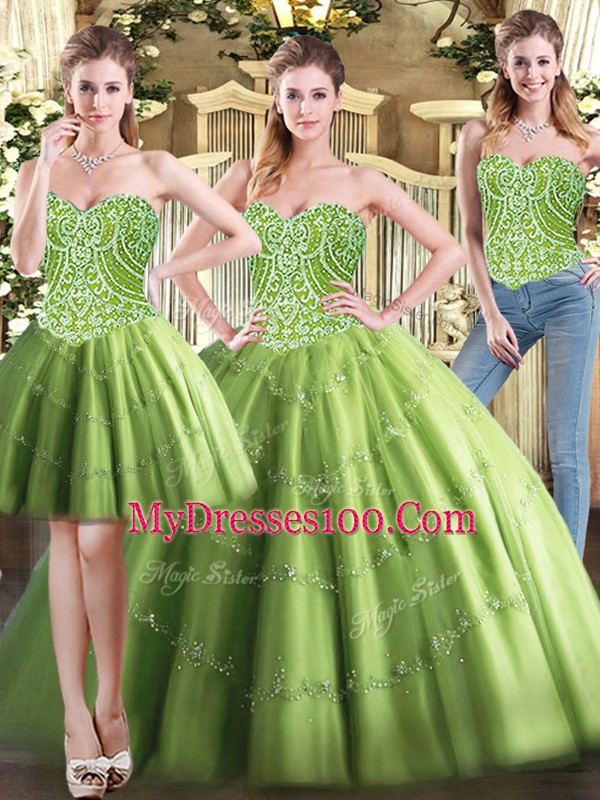 Ball Gowns Sweet 16 Dresses Olive Green Sweetheart Tulle Sleeveless Floor Length Lace Up