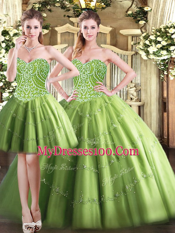 Ball Gowns Sweet 16 Dresses Olive Green Sweetheart Tulle Sleeveless Floor Length Lace Up