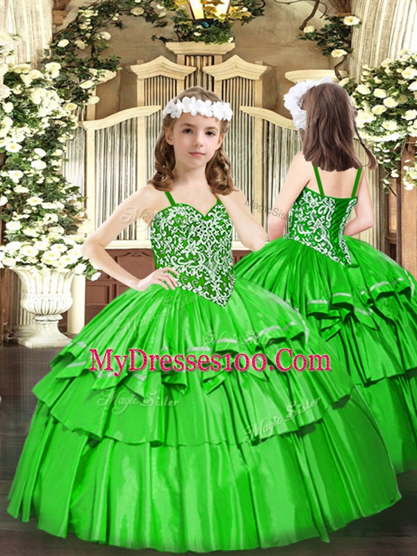 Green Organza Lace Up Straps Sleeveless Floor Length Little Girls Pageant Dress Beading and Ruffled Layers