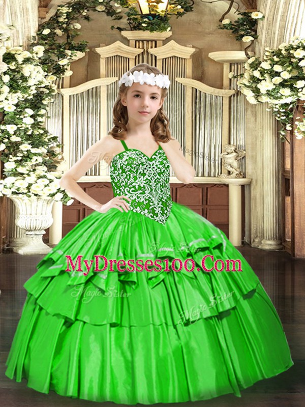 Green Organza Lace Up Straps Sleeveless Floor Length Little Girls Pageant Dress Beading and Ruffled Layers