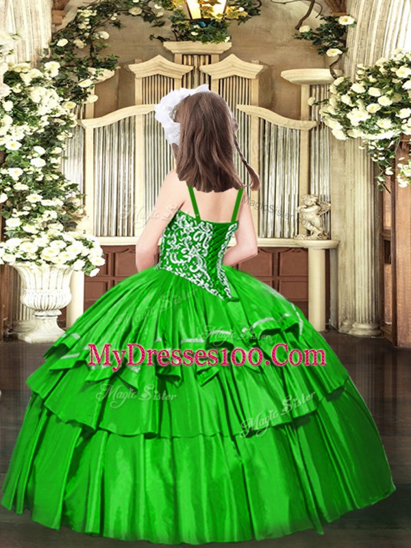 Green Organza Lace Up Straps Sleeveless Floor Length Little Girls Pageant Dress Beading and Ruffled Layers