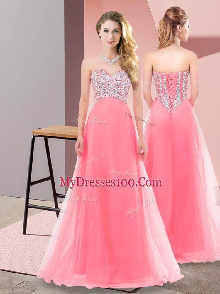 Best Empire Vestidos de Damas Watermelon Red Sweetheart Tulle Sleeveless Floor Length Lace Up