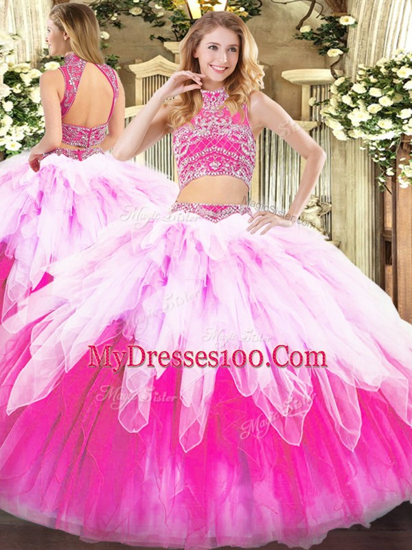 Tulle Sleeveless Floor Length Sweet 16 Dresses and Beading and Ruffles