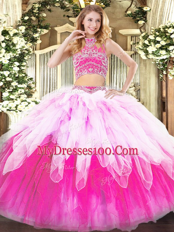Tulle Sleeveless Floor Length Sweet 16 Dresses and Beading and Ruffles