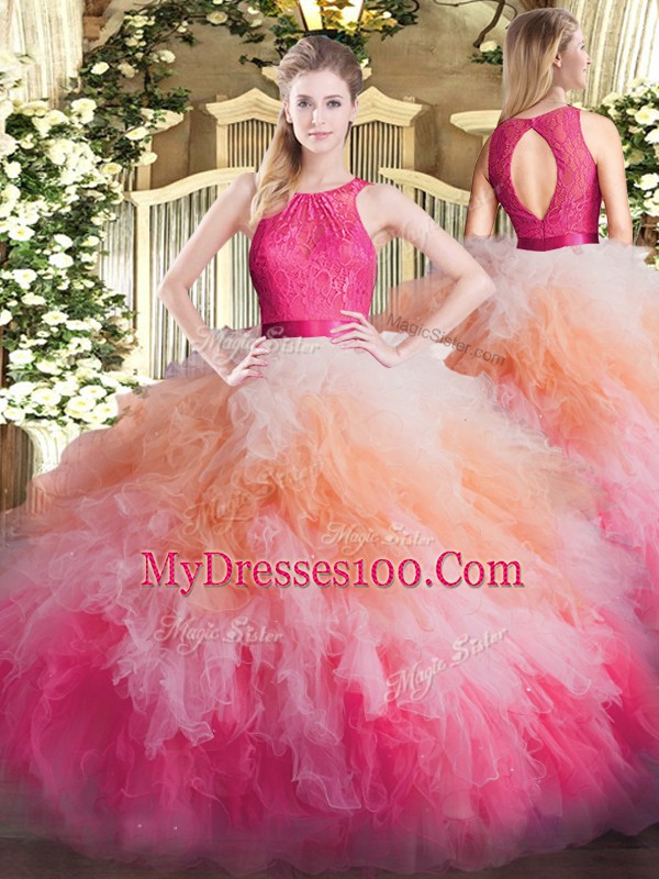 Scoop Sleeveless Zipper Quinceanera Gowns Multi-color Organza