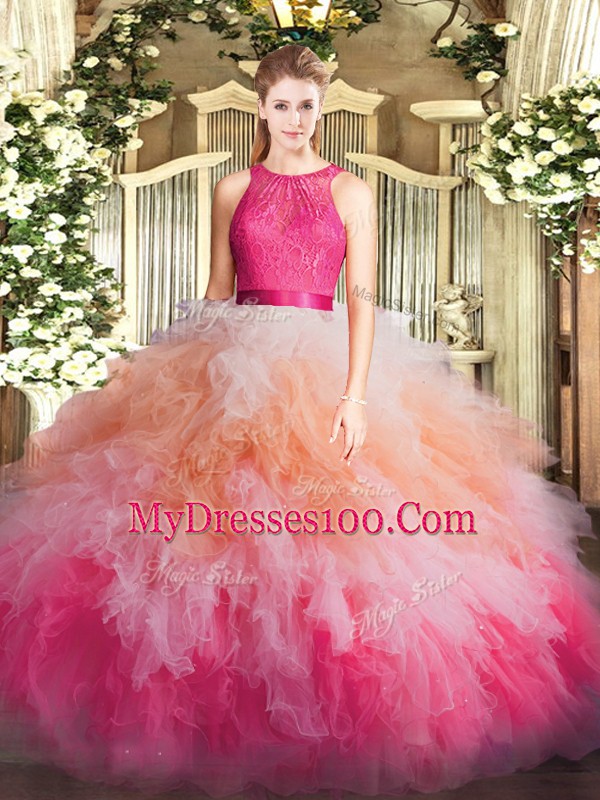 Scoop Sleeveless Zipper Quinceanera Gowns Multi-color Organza